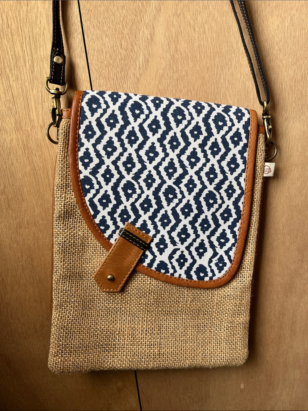Blue & Natural Woven Crossbody Bag with Patterned Flap